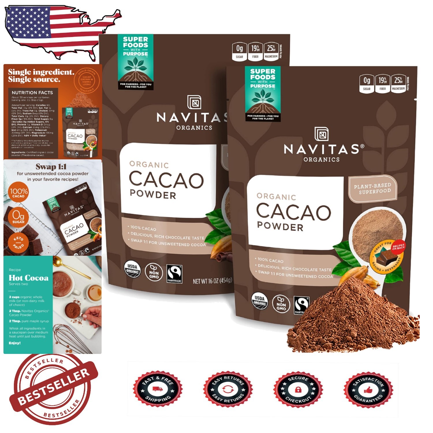 Gluten-Free Organic Cacao Powder - 16 oz x 2 Bags - Delicious Health Booster