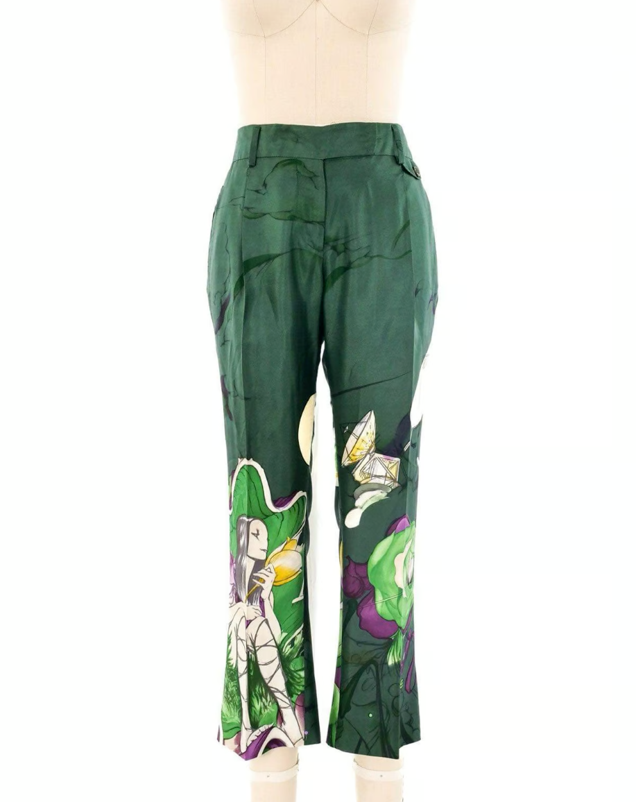 Prada Vintage Spring 2008 Green Silk James Jean Fairy Print Pants