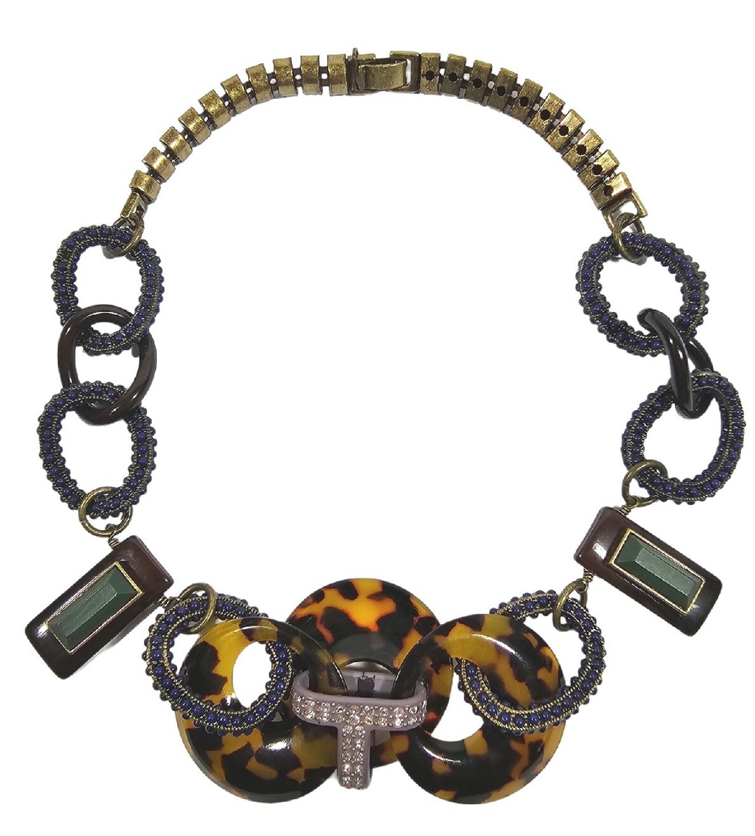 Loft Statement Necklace Tortoise Shell Rhinestone Blue Chunky Links