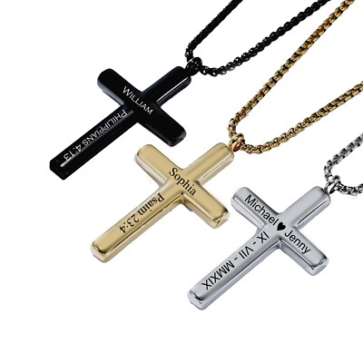Personalized CROSS NECKLACE Men Custom Engraved Cross -Baptism Gift for Him 