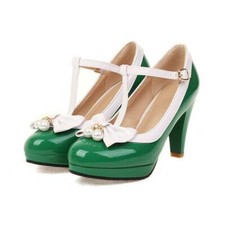Women's Bowknot Pearls Mid Heels Shoes Ankle Strap Platform Round Toe Pumps 48