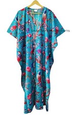 Indian Cotton Loose Short Sleeves Bird Print Turquoise Free Size Caftan Maxi