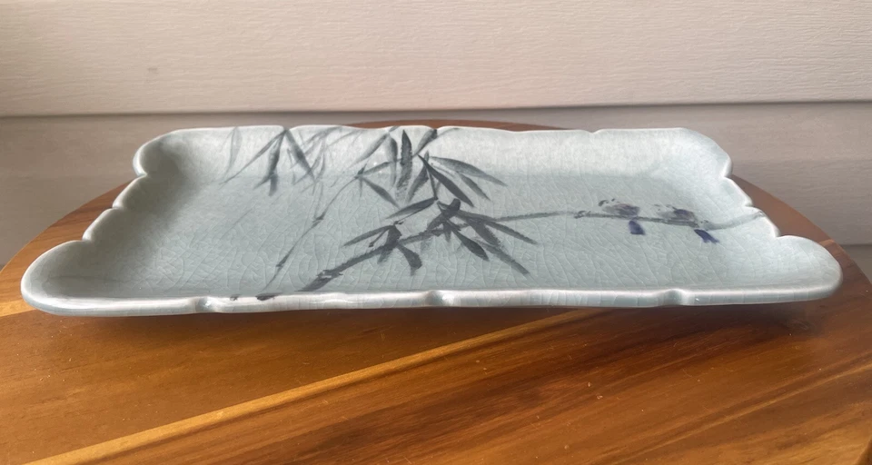 Vintage Birds Bamboo Light Blue Scalloped Handmade Art Pottery Tray 13”-Signed - Image 2 of 4