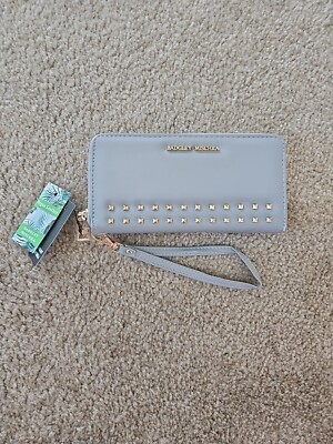 Badgley Mischka All Over Purse Clutch Wallet Gray Gold Studs NEW $59