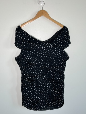 #ad White House Black Market Top Womens XL Off The Shoulder Polka Dot Ruching Mesh $25.97