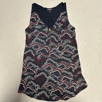 Express Navy Blue Cloud Printed Mixed Media Zip Front Tank Blouse
