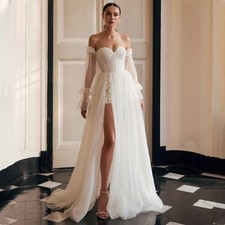 Stylish Puff Sleeves Wedding Dress Tulle Sweetheart Lace up Slit A-line Pleat