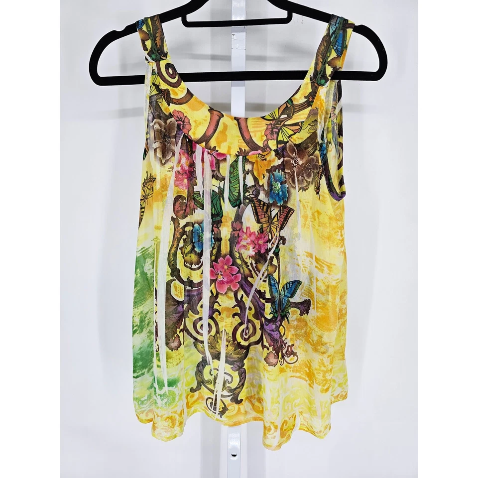 Blusa Spy Zone Exchange para mujer talla L sin mangas amarillo brillante mariposa floral Foto 4 de 4