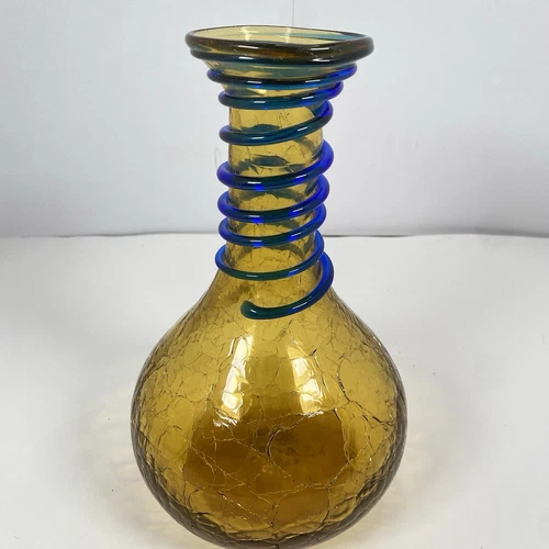 Blenko Glass Amber Crackle Glass Vase w Cobalt Applied Spiral Blue Snake Neck