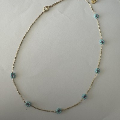 Madewell Gold Tone Daisy Flower Station Necklace Beaded Chain Blue Boho Dainty