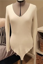 Women s White Ribbed Long Sleeve V-Neck Bodysuit