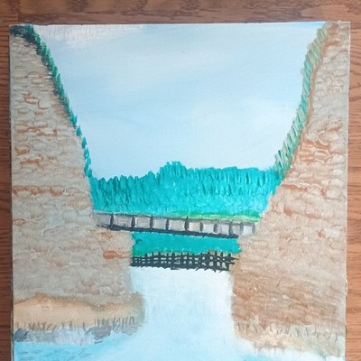 Original Contemporary Landscape Acrylic Painting   Bridge, River, Trees Art