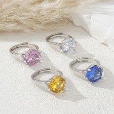 White Gold Plated Pink/Yellow/Clear Round Cubic Zirconia Ring Size Adjustable