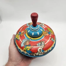 Vintage Ohio Art Tin Litho Spinning Top Toy Cowboy Western Whistling Pump WORKS