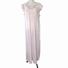 VTG 70s JCPenney Pink Nylon Lace Trim Nightgown Maxi Romantic Cottagecore USA L
