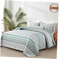 Boho Quilt Set Queen Size,3 Piece Bohemian Striped Queen 96"x90" Green