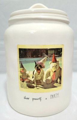 Rae Dunn Throw Yourself A Party Jar Dog Treat Pet Canister Artisan Magenta NEW