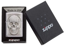 Image of Genuine BRUSHED CHROME ZIPPO Lighter 29818 SKULL EMBLEM WITH BRAIN SURPRISE BNIB