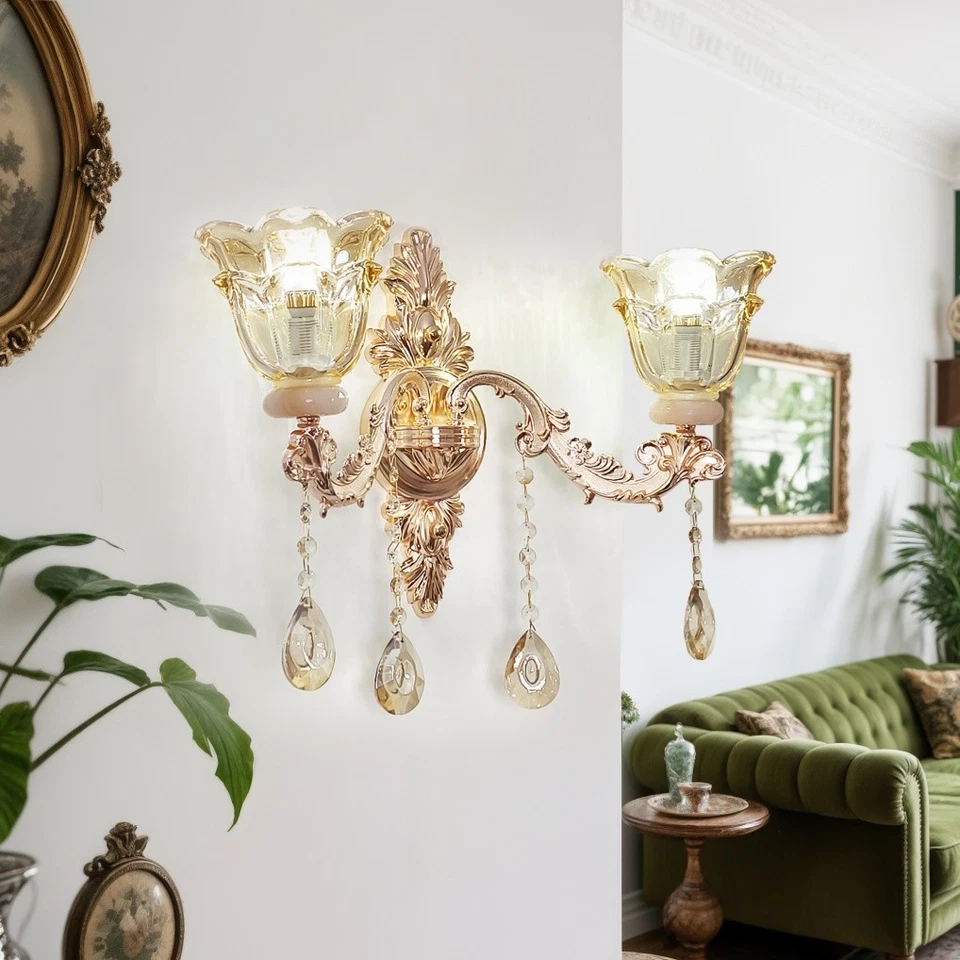 Apliques de pared vintage de cristal dorado lámpara interior dormitorio sala decoración Foto 3 de 4