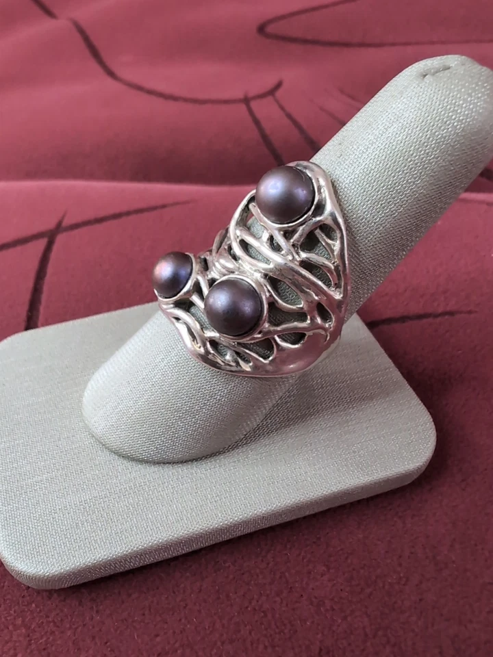 Anillo Modernista Vintage Diseñador Heng Ngai Perla Plata de Ley 925 Talla 9 Foto 3 de 4