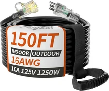 Black 16/3 Gauge Outdoor Extension Cord 150 Ft Waterproof with Lighted Indicator