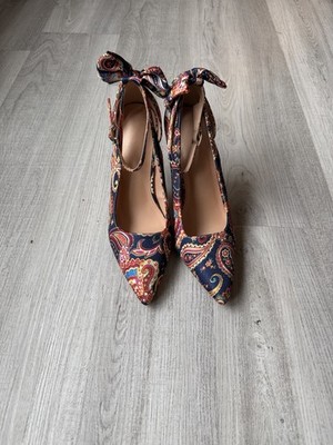 ZBY Paisley Print Pointed Toe Heels Ankle Strap Bow Pumps Size 8.5