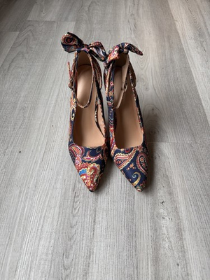 #ad ZBY Paisley Print Pointed Toe Heels Ankle Strap Bow Pumps Size 8.5 $36.45
