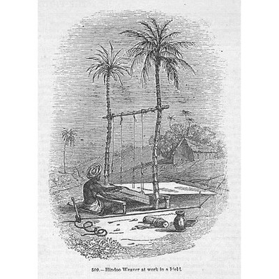 INDIEN Ein hinduistischer Weber bei der Arbeit - antiker Druck 1851