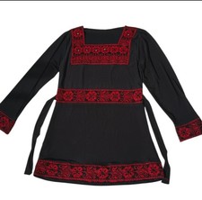 Palestinian Embroidery Black Mini Dress Red Tatreez Tunic Blouse Ethnic Stretch