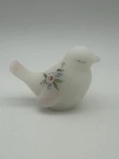 Vintage Fenton Art Glass Bird HandPainted Pink Rose Satin White Signed