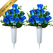 XONOR Set of 2 Blue Artificial Cemetery Flowers Rose Bouquet