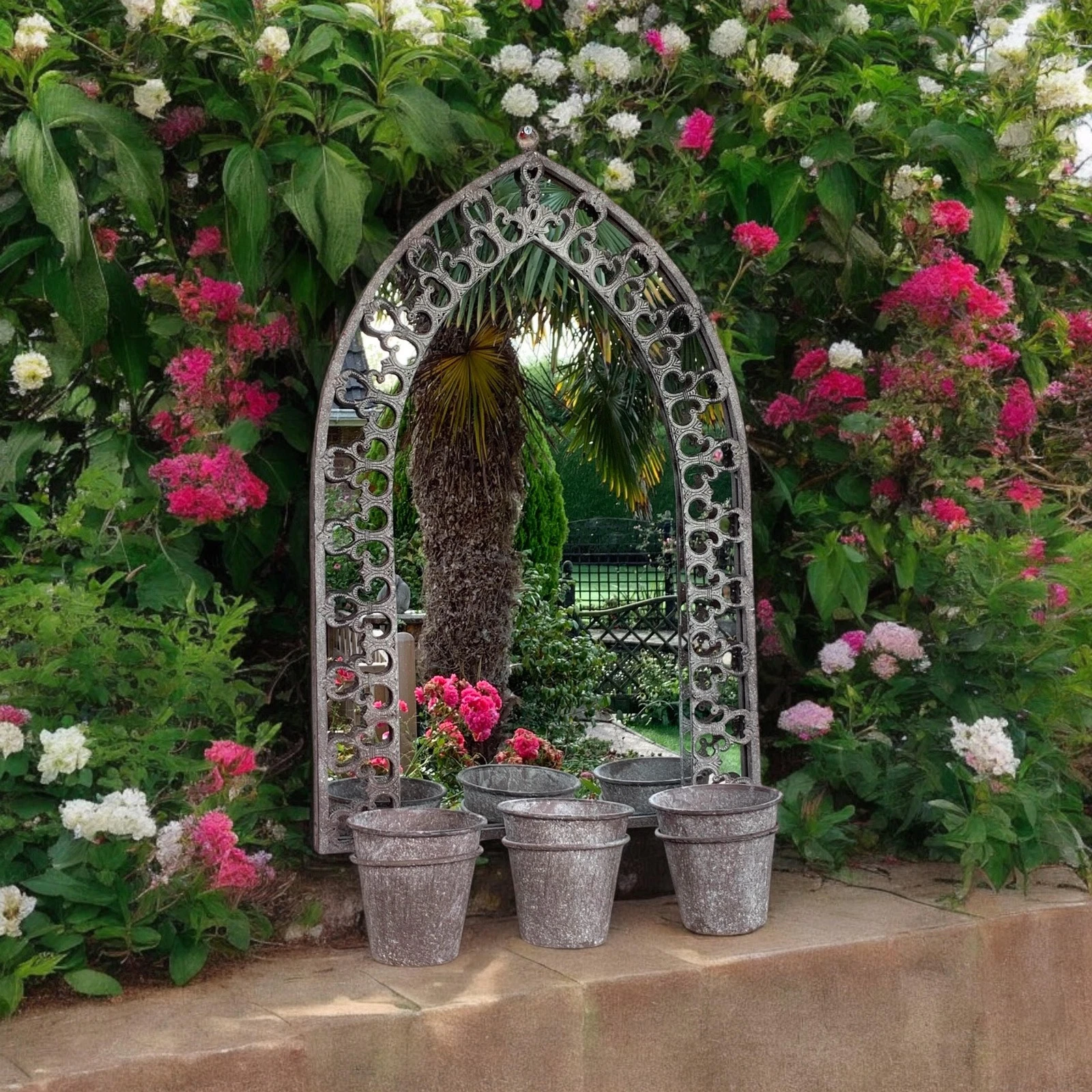 Wall Mirror Grey Metal 82x48x20cm Antique Rust Finish with Triple Plant Holders