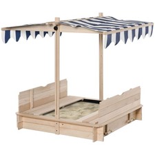 Flat-Fold Wooden Sandbox with Shadeful Canopy and Sturdy Seat Structure