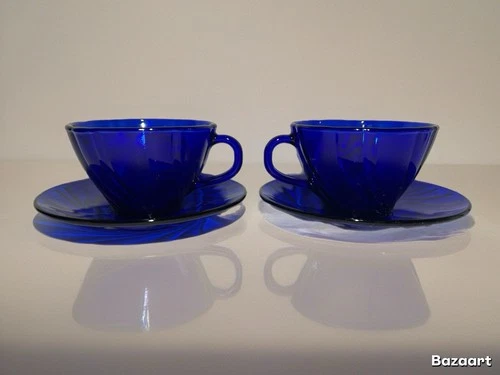 2 ~ Vtg Arcoroc Cobalt Blue Swirl Textured Glass Teacup & Saucer Luminarc France