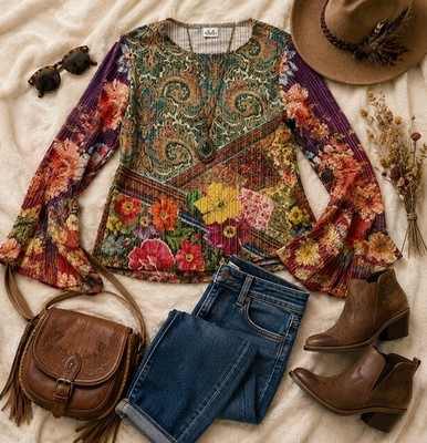 by Maggi & Co. Multicolor Floral Paisley Bell Sleeve Pleated Tunic Blouse M