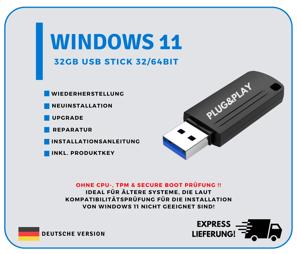 FM-MARKT 32GB WINDOWS 11 HOME 64BIT INSTALLATIONS USB-STICK + CODE OHNE TPM
