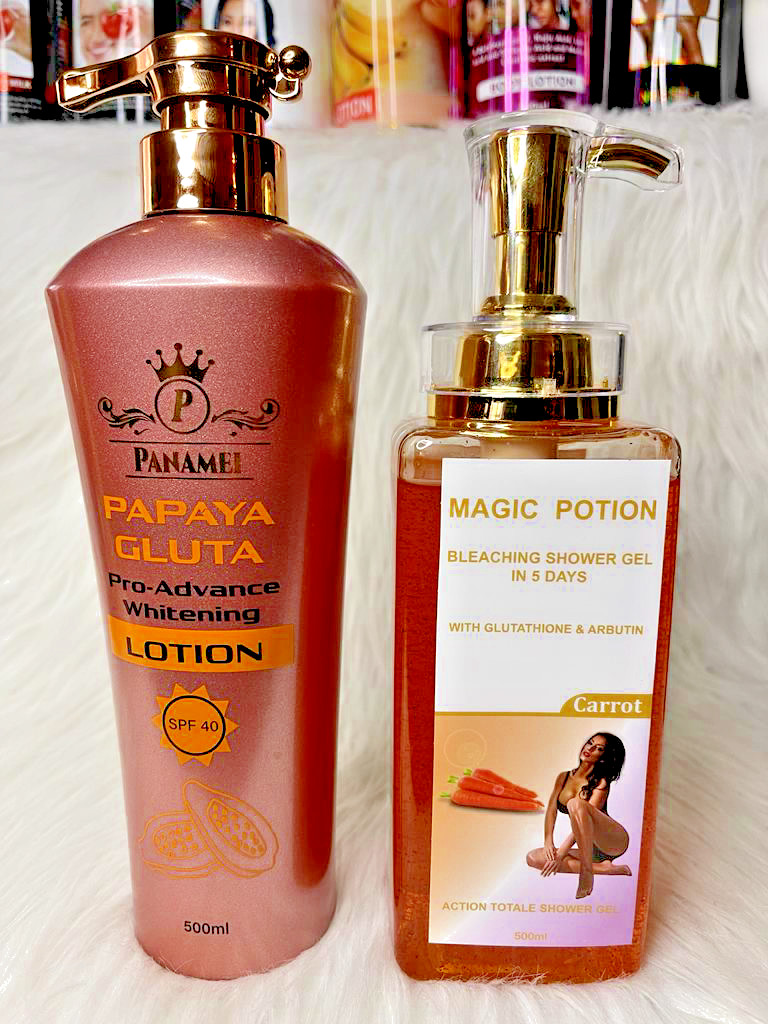 Lotion Papaya Gluta blanchissante pour unifier les peaux mates avec le gel douche Magic