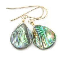 Abalone Shell Earrings Teardrop Curve Peacock MOP Simple Drop 14k Gold Sterling