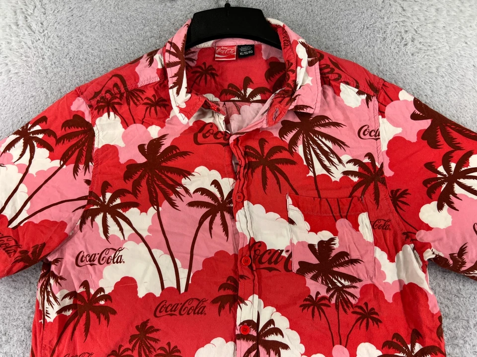 Coca-Cola Shirt Adult Extra Large Red Pink Hawaiian Clouds Palm Tree Button Up - Image 4 of 4
