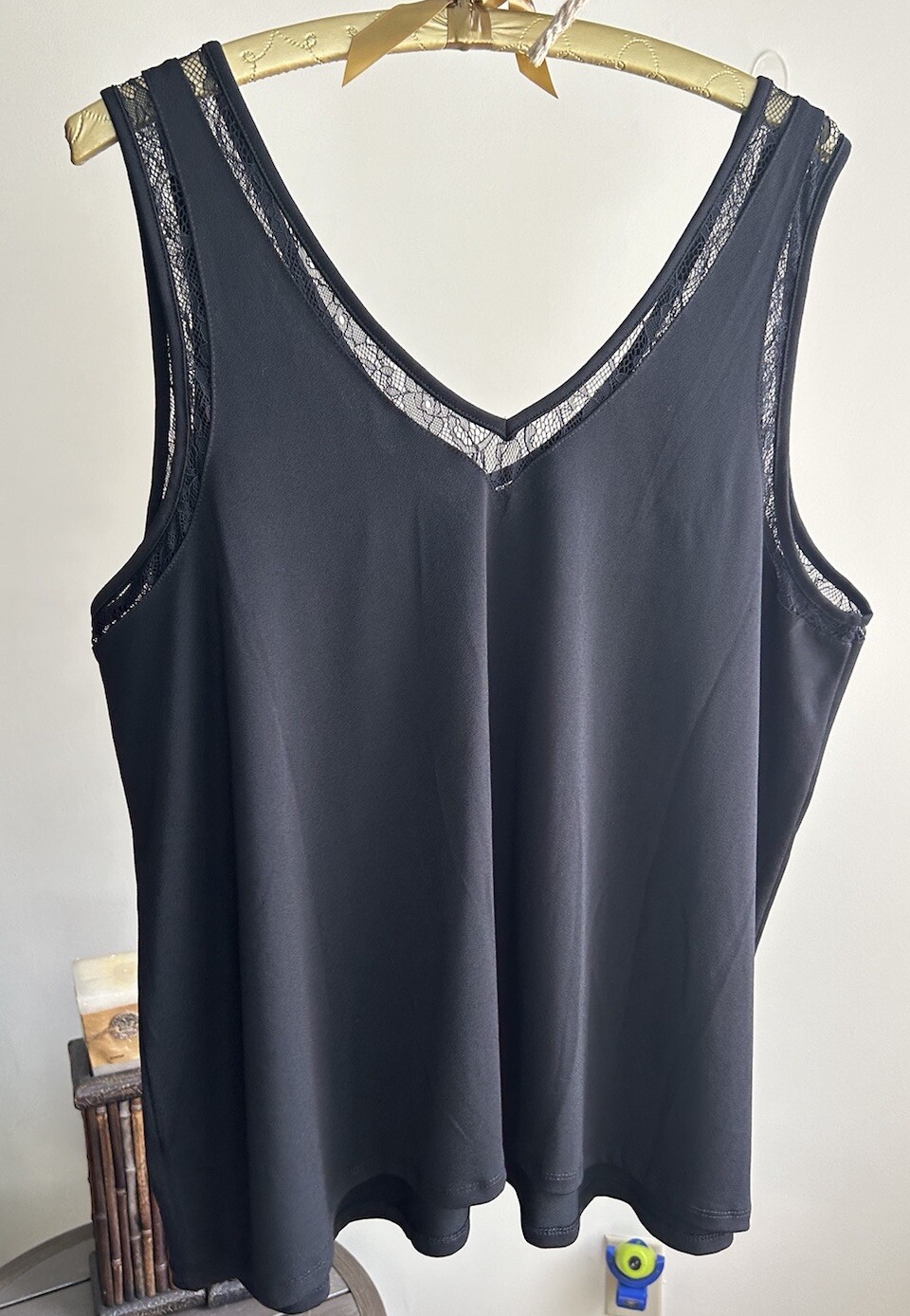 Torrid Studio Blouse Crepe Jersey Lace Inset Double VNeck Tank Black 2XL