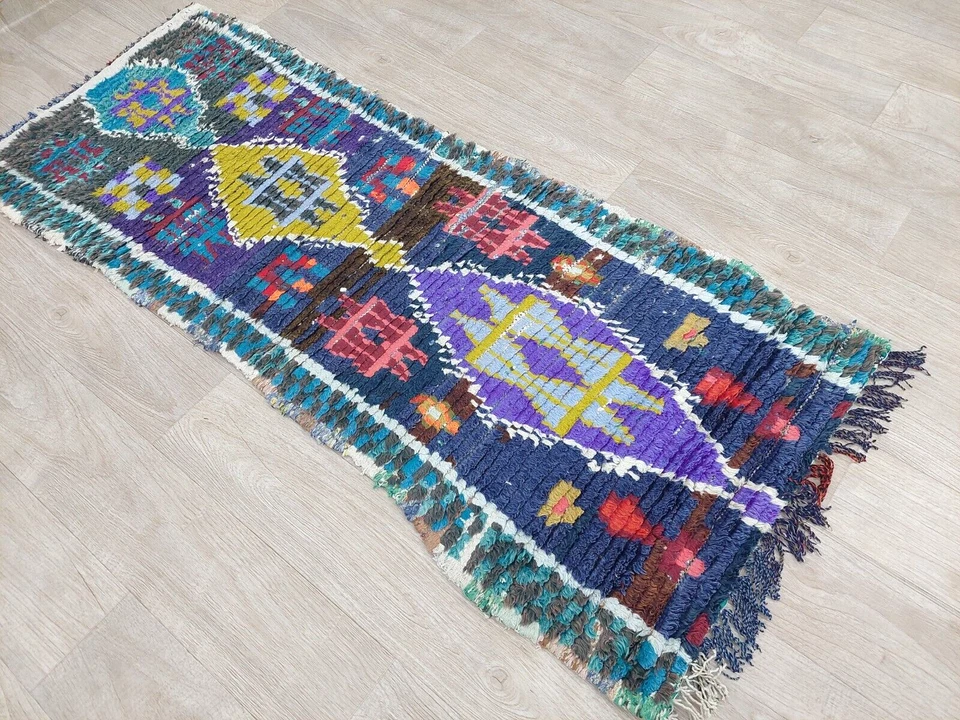Vintage Moroccan Berber Runner Rug 2x5 Handmade Geometric Multicolor Purple Rugs - Image 2 of 4