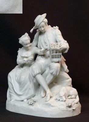 AA 19ème Sèvres rare groupe porcelaine biscuit 25cm2.1kg couple galant à la cage - Photo 1/4