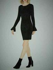 Michael Kors Bell Sleeve Textured Metallic Black Dress Dark Emerald Med New
