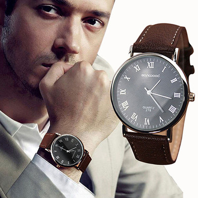 Moderne analoge Quarzuhr schwarzes Zifferblatt für Herren mit genarbtem Lederarmband