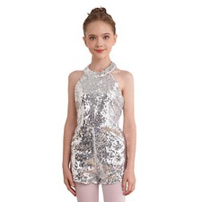 US Kid Girls Dancewear Halter Neck Jumpsuit Shiny Romper One-Piece Sequin Zipper