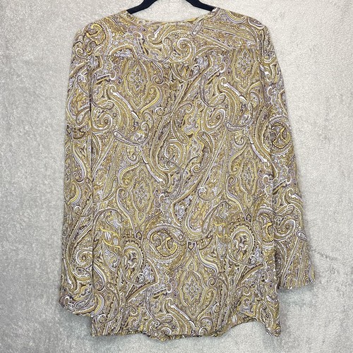 WinterSilks XL Top Shirt Gold Brown Paisley Long Sleeve V Neck Henley Silk Sheer - 第 4/6 張圖片