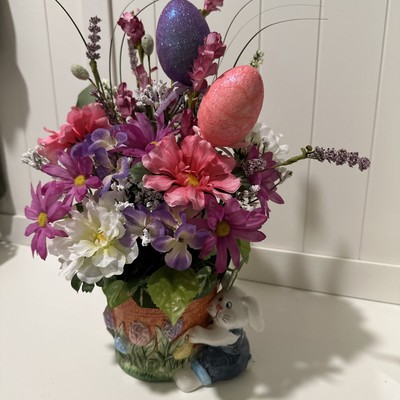 Easter Floral Arrangement Centerpiece,  table decor Flowers Eggs Ceramic Bunny