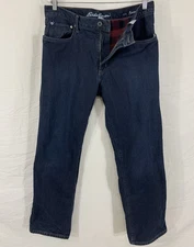 EDDIE BAUER Mens 35W x 32L Flannel Lined Blue Denim Relaxed Fit Boot Cut Jeans