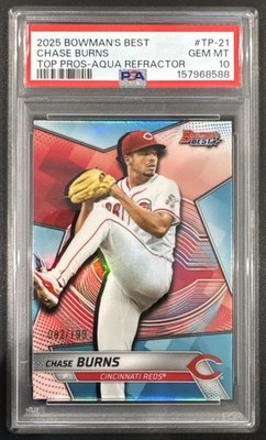 2025 Bowman's Best Chase Burns #TP-21 Top Prospects Aqua Refractor /199 PSA 10