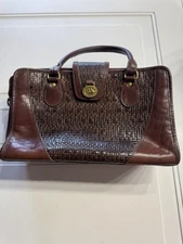 Brahmin Purse Satchel Bag Handbag Crossbody Strap Woven Leather Brown Vintage